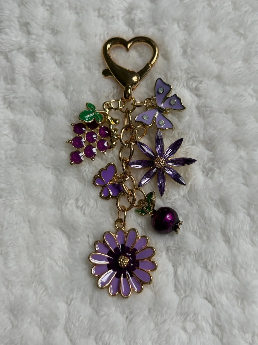 NWOT Gold-Tone Purple Floral & Butterfly Charm Keychain Pendant